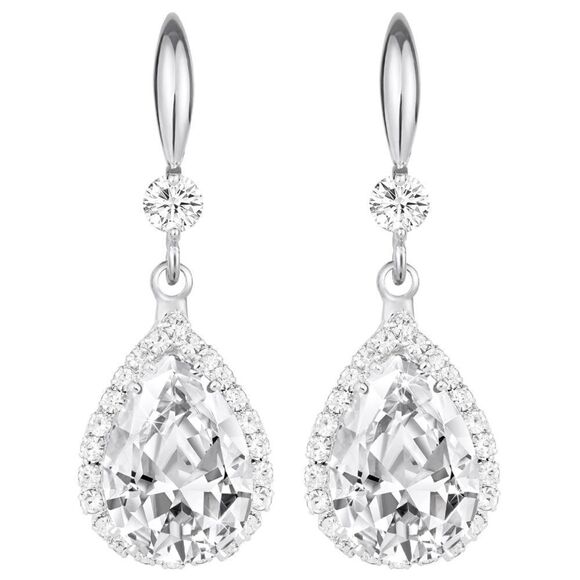 14K White Gold with White Diamond Cubic Zirconia Teardrop Hook Dangle Earrings - Picture 1 of 5